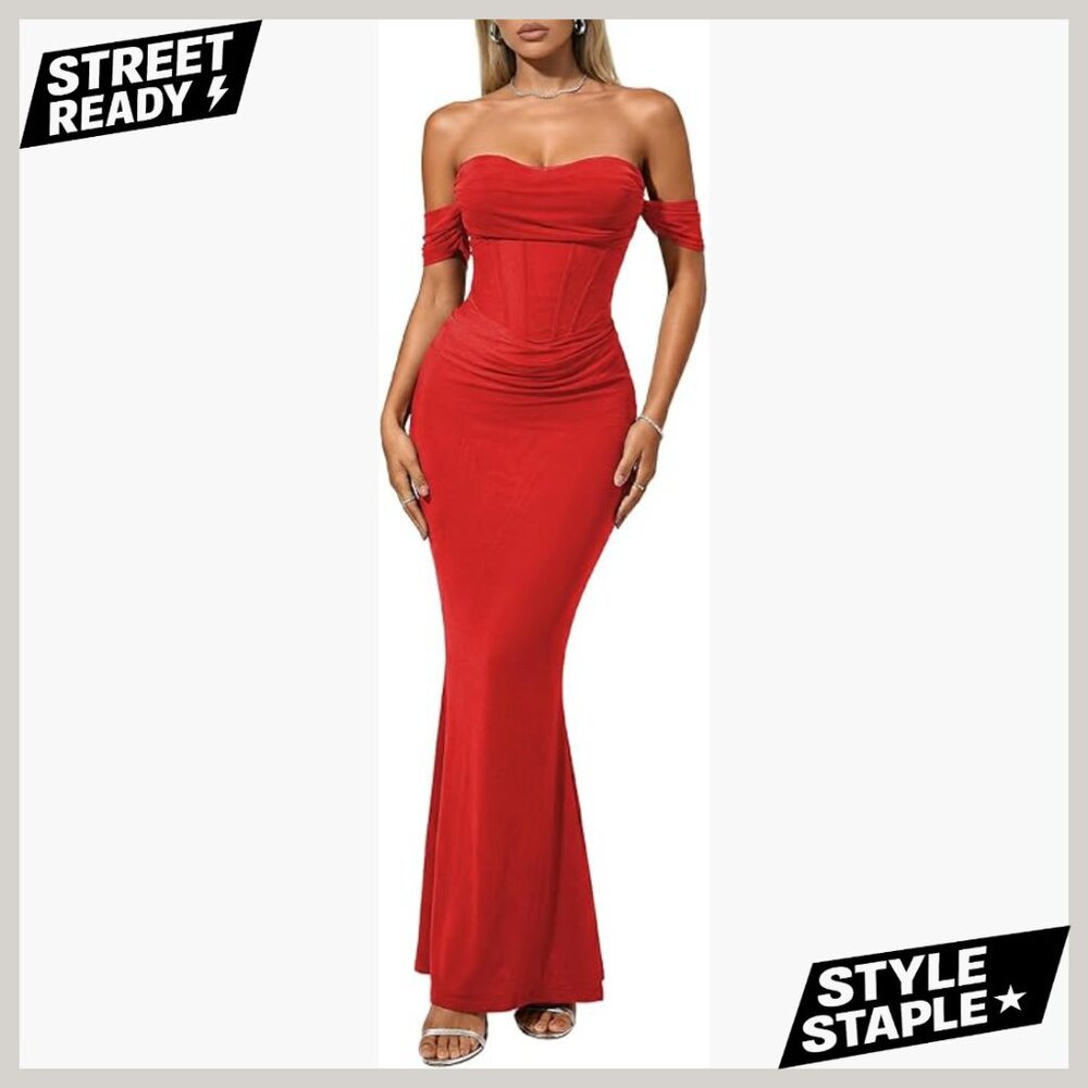 Off Shoulder Bodycon Maxi Dress Built-in Bra Ruched Mesh Formal